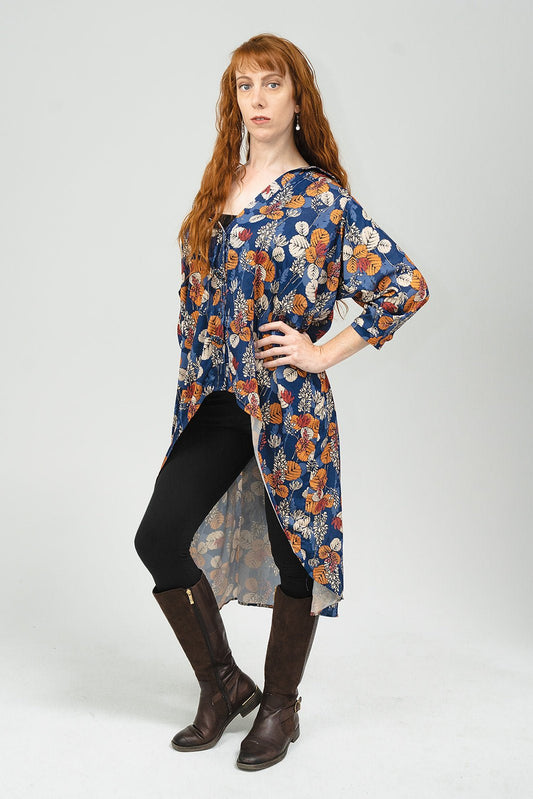 Blue Floral Button up Kimono - Evaz Ethical Clothing