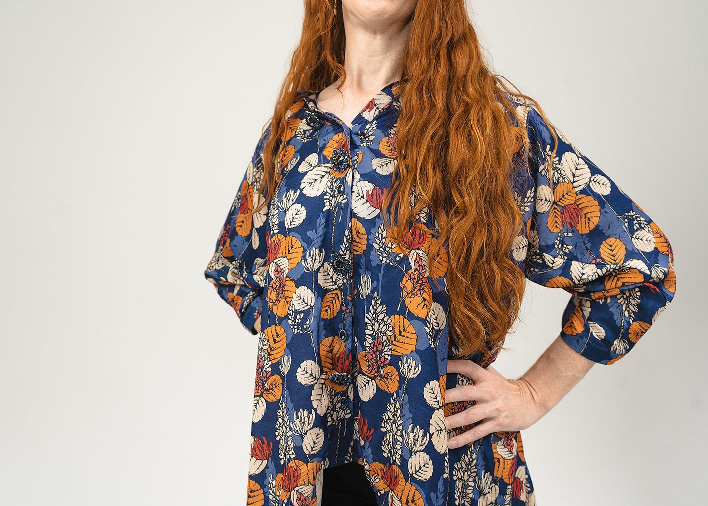 Blue Floral Button up Kimono - Evaz Ethical Clothing