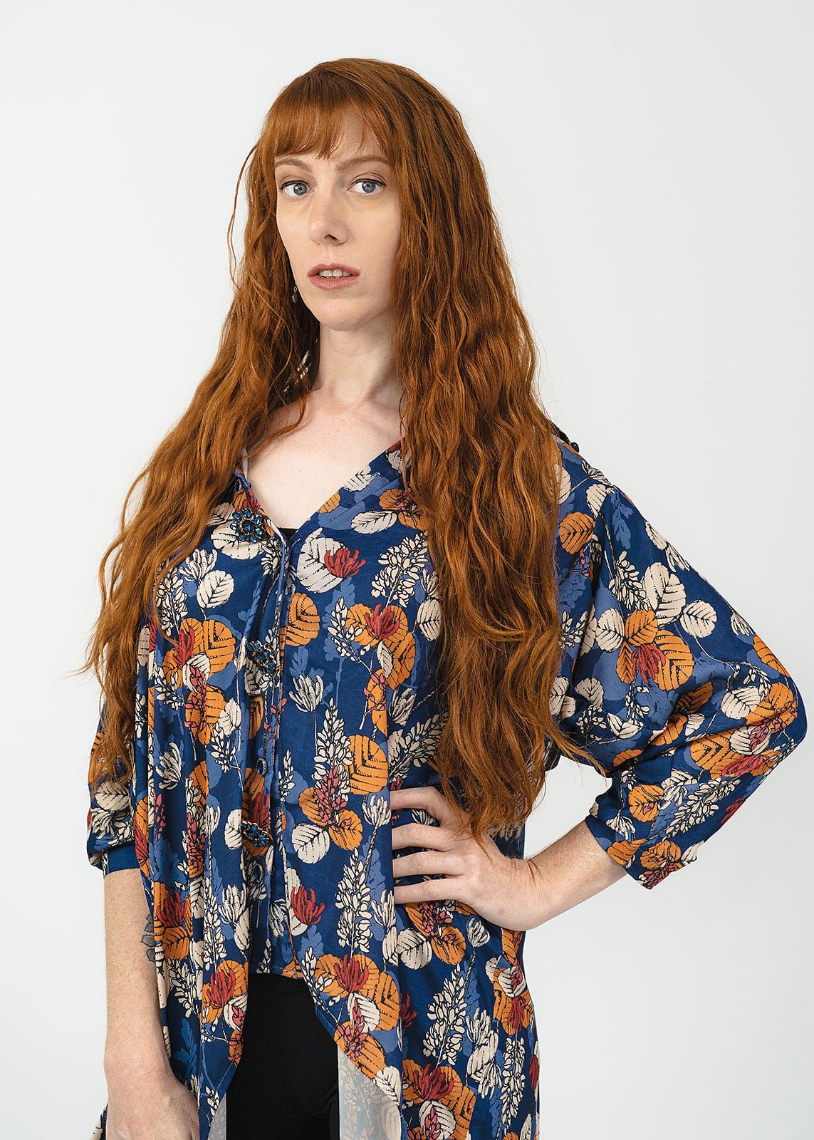 Blue Floral Button up Kimono - Evaz Ethical Clothing