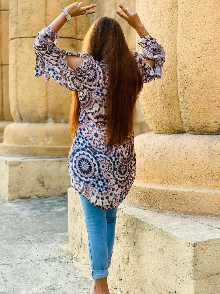 Button Up Paisley Animal Print Open Shoulder Top - Evaz Ethical Clothing