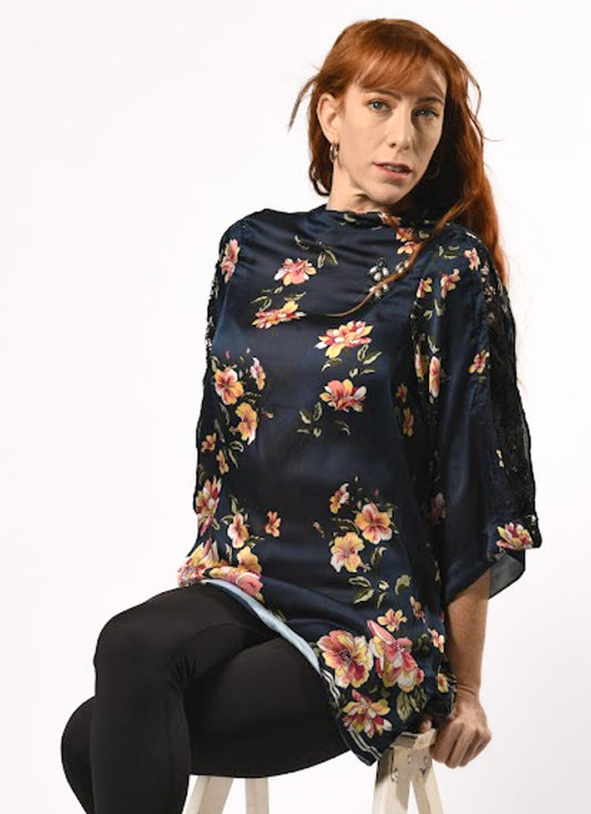 Long Semitransparent Navy Blue Floral Blouse - Evaz Ethical Clothing