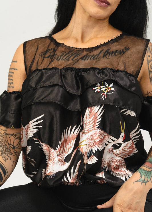 Off the Shoulder Ruffled Black Bird Print Top - Evaz Ethical Clothing