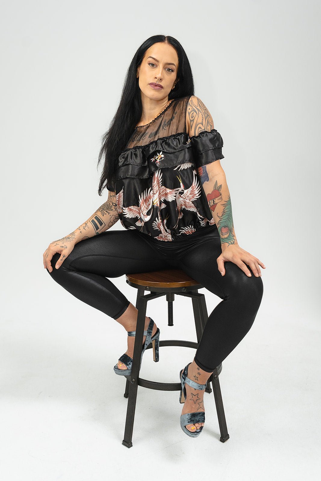 Off the Shoulder Ruffled Black Bird Print Top - Evaz Ethical Clothing